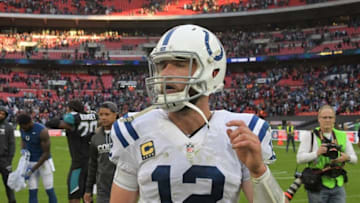 Oct 2, 2016; London, United Kingdom; Indianapolis Colts quarterback Andrew Luck (12) walks off the field after game 15 of the NFL International Series against the Jacksonville Jaguars at Wembley Stadium. The Jaguars defeated the Colts 30-27. Mandatory Credit: Kirby Lee-USA TODAY Sports