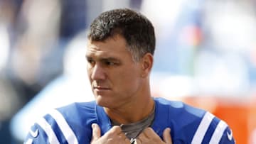 Oct 9, 2016; Indianapolis, IN, USA; Indianapolis Colts kicker Adam Vinatieri (4) watches from the sidelines before the game against the Chicago Bears at Lucas Oil Stadium. Mandatory Credit: Brian Spurlock-USA TODAY Sports