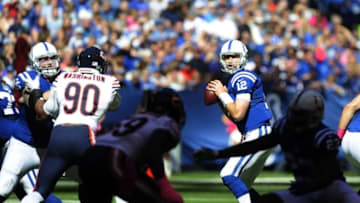 Oct 9, 2016; Indianapolis, IN, USA; Indianapolis Colts quarterback Andrew Luck (12) drops back to pass against the Chicago Bears at Lucas Oil Stadium. Mandatory Credit: Thomas J. Russo-USA TODAY Sports