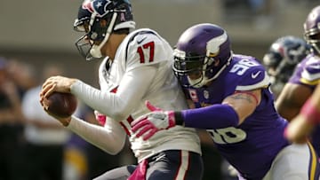 Oct 9, 2016; Minneapolis, MN, USA; Minnesota Vikings defensive end Brian Robison (96) sacks Houston Texans quarterback Brock Osweiler (17) in the fourth quarter at U.S. Bank Stadium. The Vikings win 31-13. Mandatory Credit: Bruce Kluckhohn-USA TODAY Sports