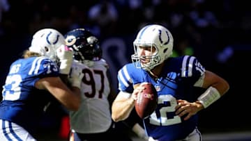Oct 9, 2016; Indianapolis, IN, USA; Indianapolis Colts quarterback Andrew Luck (12) scrambles out of the pocket against the Chicago Bears at Lucas Oil Stadium. Mandatory Credit: Thomas J. Russo-USA TODAY Sports