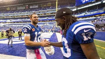 Oct 9, 2016; Indianapolis, IN, USA; Indianapolis Colts quarterback Andrew Luck (12) and Colts receiver T.Y. Hilton (13) embrace after their victory over the Chicago Bears at Lucas Oil Stadium. Mandatory Credit: Thomas J. Russo-USA TODAY Sports