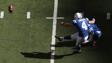 Oct 9, 2016; Indianapolis, IN, USA; Indianapolis Colts kicker Adam Vinatieri (4) kicks a field goal against the Chicago Bears at Lucas Oil Stadium. Indianapolis defeated Chicago 29-23. Mandatory Credit: Brian Spurlock-USA TODAY Sports