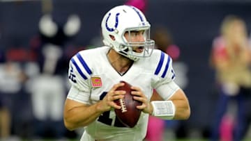 Oct 16, 2016; Houston, TX, USA; Indianapolis Colts quarterback Andrew Luck (12) looks to pass downfield against the Houston Texans during the fourth quarter at NRG Stadium. Mandatory Credit: Erik Williams-USA TODAY Sports