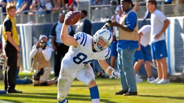 Oct 23, 2016; Nashville, TN, USA; Indianapolis Colts tight end Jack Doyle (84) spikes the ball after catching a pass for touchdown against the Tennessee Titans during the second half at Nissan Stadium. Indianapolis won 34-26. Mandatory Credit: Jim Brown-USA TODAY Sports