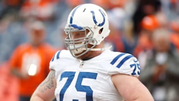 Jan 11, 2015; Denver, CO, USA; Indianapolis Colts guard Jack Mewhort (75) in the 2014 AFC Divisional playoff football game against the Denver Broncos at Sports Authority Field at Mile High. Mandatory Credit: Chris Humphreys-USA TODAY Sports