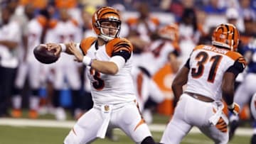Sep 3, 2015; Indianapolis, IN, USA; Cincinnati Bengals quarterback Keith Wenning (3) throws a pass against the Indianapolis Colts at Lucas Oil Stadium. Cincinnati defeats Indianapolis 9-6. Mandatory Credit: Brian Spurlock-USA TODAY Sports