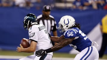 Aug 27, 2016; Indianapolis, IN, USA; Philadelphia Eagles quarterback Sam Bradford (7) is sacked by Indianapolis Colts linebacker Nate Irving (56) at Lucas Oil Stadium. Mandatory Credit: Brian Spurlock-USA TODAY Sports