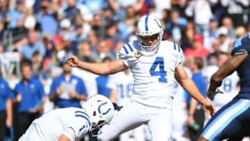 Oct 23, 2016; Nashville, TN, USA; Indianapolis Colts kicker Adam Vinatieri (4) kicks a field goal during the first half against the Tennessee Titans at Nissan Stadium. Mandatory Credit: Christopher Hanewinckel-USA TODAY Sports