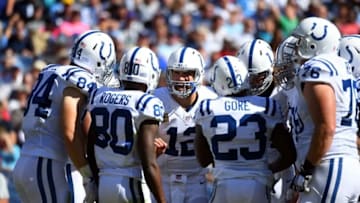 Oct 23, 2016; Nashville, TN, USA; Indianapolis Colts quarterback Andrew Luck (12) talks in the huddle during the first half against the Tennessee Titans at Nissan Stadium. The Colts won 34-26. Mandatory Credit: Christopher Hanewinckel-USA TODAY Sports