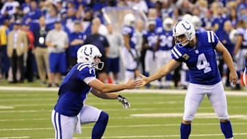 Oct 30, 2016; Indianapolis, IN, USA; Indianapolis Colts kicker Adam Vinatieri (4) slaps hands with holder Pat McAfee(1) after an extra point against the Kansas City Chiefs at Lucas Oil Stadium. Mandatory Credit: Thomas J. Russo-USA TODAY Sports
