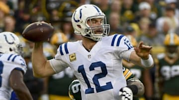 Nov 6, 2016; Green Bay, WI, USA; Indianapolis Colts quarterback Andrew Luck (12) throws a pass in the first quarter during the game against the Green Bay Packers at Lambeau Field. Mandatory Credit: Benny Sieu-USA TODAY Sports