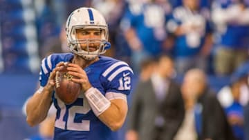 Nov 20, 2016; Indianapolis, IN, USA; Indianapolis Colts quarterback Andrew Luck (12) warms up passing the ball before the game against the Tennessee Titans at Lucas Oil Stadium. Mandatory Credit: Trevor Ruszkowski-USA TODAY Sports