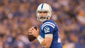 Nov 20, 2016; Indianapolis, IN, USA; Indianapolis Colts quarterback Andrew Luck (12) looks to pass the ball in the first quarter the game against the Tennessee Titans at Lucas Oil Stadium. Mandatory Credit: Trevor Ruszkowski-USA TODAY Sports