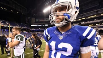 Sep 21, 2015; Indianapolis, IN, USA; Indianapolis Colts Andrew Luck(12) leaves the field after their loss to the New York Jets at Lucas Oil Stadium. Mandatory Credit: Thomas J. Russo-USA TODAY Sports