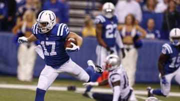 Oct 18, 2015; Indianapolis, IN, USA; Indianapolis Colts wide receiver Griff Whalen (17) runs with the ball against the New England Patriots during the NFL game at Lucas Oil Stadium. Mandatory Credit: Brian Spurlock-USA TODAY Sports