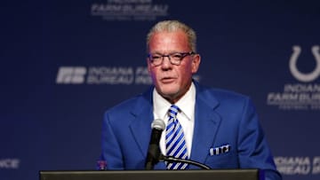 Mar 18, 2016; Indianapolis, IN, USA; Indianapolis Colts owner Jim Irsay announces that the jersey of Peyton Manning (not pictured) will be retired during a press conference at Indiana Farm Bureau Football Center. The Colts will also build a statue in honor of Manning. Mandatory Credit: Brian Spurlock-USA TODAY Sports