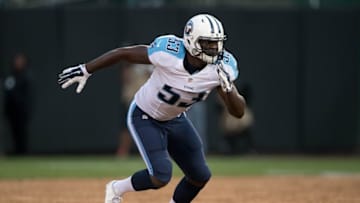 August 27, 2016; Oakland, CA, USA; Tennessee Titans outside linebacker Deiontrez Mount (53) during the third quarter against the Oakland Raiders at Oakland Coliseum. The Titans defeated the Raiders 27-14. Mandatory Credit: Kyle Terada-USA TODAY Sports