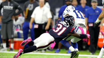 Oct 16, 2016; Houston, TX, USA; Indianapolis Colts wide receiver Quan Bray (11) is side tackled by Houston Texans defensive back Charles James (31) on a punt return during the first quarter at NRG Stadium. Mandatory Credit: Erik Williams-USA TODAY Sports
