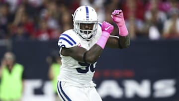 Oct 16, 2016; Houston, TX, USA; Indianapolis Colts outside linebacker Robert Mathis (98) celebrates after a defensive play during the first quarter against the Houston Texans at NRG Stadium. Mandatory Credit: Troy Taormina-USA TODAY Sports
