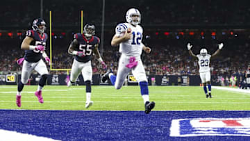 Oct 16, 2016; Houston, TX, USA; Indianapolis Colts quarterback Andrew Luck (12) scores a touchdown on a keeper during the fourth quarter against the Houston Texans at NRG Stadium. Mandatory Credit: Troy Taormina-USA TODAY Sports