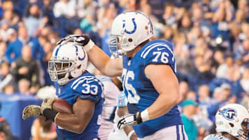 Nov 20, 2016; Indianapolis, IN, USA; Indianapolis Colts running back Robert Turbin (33) celebrates his touchdown with offensive tackle Joe Reitz (76) in the first quarter the game against the Tennessee Titans at Lucas Oil Stadium. Mandatory Credit: Trevor Ruszkowski-USA TODAY Sports
