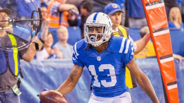 Nov 20, 2016; Indianapolis, IN, USA; Indianapolis Colts wide receiver T.Y. Hilton (13) celebrates his touchdown in the first half of the game against the Tennessee Titans at Lucas Oil Stadium. Mandatory Credit: Trevor Ruszkowski-USA TODAY Sports