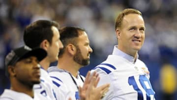 Nov 20, 2016; Indianapolis, IN, USA; Indianapolis Colts former quarterback Peyton Manning is introduced at halftime of a game against the Tennessee Titans to honor the 10th anniversary of the 2006 Super Bowl championship team at Lucas Oil Stadium. Mandatory Credit: Thomas J. Russo-USA TODAY Sports