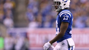 Nov 24, 2016; Indianapolis, IN, USA; Indianapolis Colts wide receiver T.Y. Hilton (13) against the Pittsburgh Steelers at Lucas Oil Stadium. The Steelers won 28-7. Mandatory Credit: Aaron Doster-USA TODAY Sports