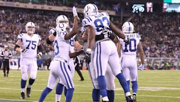 Dec 5, 2016; East Rutherford, NJ, USA; The Indianapolis Colts celebrate a touchdown by Indianapolis Colts tight end Dwayne Allen (83) during the first half against the New York Jets at MetLife Stadium. Mandatory Credit: Ed Mulholland-USA TODAY Sports