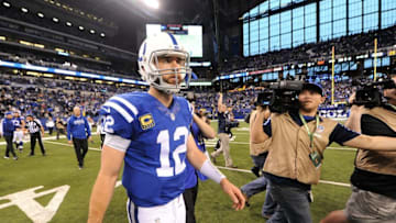 Dec 11, 2016; Indianapolis, IN, USA; Indianapolis Colts quarterback Andrew Luck (12) walks off the field after the Colts 22-17 loss to the Houston Texans at Lucas Oil Stadium. Mandatory Credit: Thomas J. Russo-USA TODAY Sports