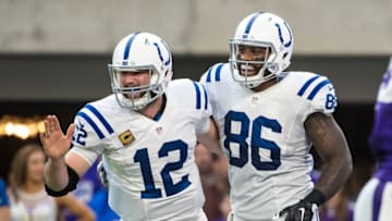 Dec 18, 2016; Minneapolis, MN, USA; Indianapolis Colts tight end Erik Swoope (86) celebrates his touchdown with quarterback Andrew Luck (12) during the second quarter against the Minnesota Vikings at U.S. Bank Stadium. Mandatory Credit: Brace Hemmelgarn-USA TODAY Sports