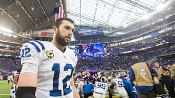Dec 18, 2016; Minneapolis, MN, USA; Indianapolis Colts quarterback Andrew Luck (12) looks on following the game against the Minnesota Vikings at U.S. Bank Stadium. The Colts defeated the Vikings 34-6. Mandatory Credit: Brace Hemmelgarn-USA TODAY Sports