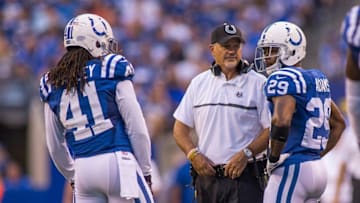 Sep 11, 2016; Indianapolis, IN, USA; Indianapolis Colts head coach Chuck Pagano talks to Indianapolis Colts strong safety Mike Adams (29) and defensive back Matthias Farley (41) during a timeout in the second half of the game at Lucas Oil Stadium. the Detroit Lions beat the Indianapolis Colts by the score of 39-35. Mandatory Credit: Trevor Ruszkowski-USA TODAY Sports