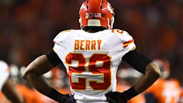 Nov 27, 2016; Denver, CO, USA; Kansas City Chiefs strong safety Eric Berry (29) awaits the start of a down in the first half against the Denver Broncos at Sports Authority Field at Mile High. Mandatory Credit: Ron Chenoy-USA TODAY Sports