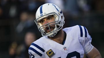 Dec 24, 2016; Oakland, CA, USA; Indianapolis Colts quarterback Andrew Luck (12) after scoring a touchdown against the Oakland Raiders during the fourth quarter at the Oakland Coliseum. The Oakland Raiders defeated the Indianapolis Colts 33-25. Mandatory Credit: Kelley L Cox-USA TODAY Sports