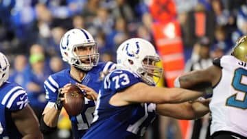 Jan 1, 2017; Indianapolis, IN, USA; Indianapolis Colts quarterback Andrew Luck (12) drops back to pass against the Jacksonville Jaguars at Lucas Oil Stadium. Mandatory Credit: Thomas J. Russo-USA TODAY Sports