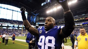 Jan 1, 2017; Indianapolis, IN, USA; Indianapolis Colts linebacker Robert Mathis (98) acknowledges the crowd after his final game of his career against the Jacksonville Jaguars at Lucas Oil Stadium. Mandatory Credit: Thomas J. Russo-USA TODAY Sports