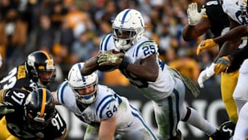 PITTSBURGH, PA - NOVEMBER 03: Marlon Mack #25 of the Indianapolis Colts carries the ball against the Pittsburgh Steelers in the fourth quarter during the game at Heinz Field on November 3, 2019 in Pittsburgh, Pennsylvania. (Photo by Justin Berl/Getty Images)