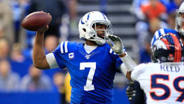 INDIANAPOLIS, INDIANA - OCTOBER 27: Jacoby Brissett #7 of the Indianapolis Colts throws the ball against the Denver Broncos at Lucas Oil Stadium on October 27, 2019 in Indianapolis, Indiana. (Photo by Andy Lyons/Getty Images)