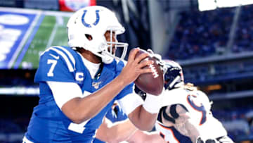 INDIANAPOLIS, INDIANA - OCTOBER 27: Jacoby Brissett #7 of the Indianapolis Colts scrambles in the endzone in the game against the Denver Broncos during the fourth quarter at Lucas Oil Stadium on October 27, 2019 in Indianapolis, Indiana. (Photo by Justin Casterline/Getty Images)