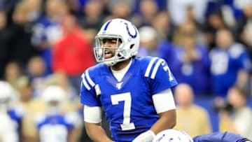 INDIANAPOLIS, INDIANA - NOVEMBER 17: Jacoby Brissett #7of the Indianapolis Colts gives instructions to his team during the game against the Jacksonville Jaguars at Lucas Oil Stadium on November 17, 2019 in Indianapolis, Indiana. (Photo by Andy Lyons/Getty Images)