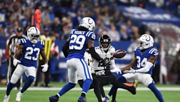 INDIANAPOLIS, INDIANA - NOVEMBER 17: Rock Ya-Sin #34 of the Indianapolis Colts intercepts a pass intended for DJ Chark Jr. #17 of the Jacksonville Jaguars during the first half at Lucas Oil Stadium on November 17, 2019 in Indianapolis, Indiana. (Photo by Stacy Revere/Getty Images)