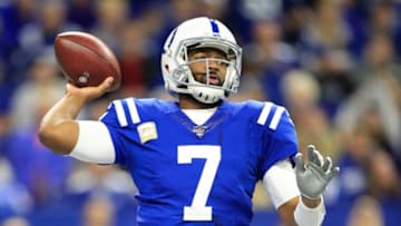 INDIANAPOLIS, INDIANA - NOVEMBER 17: Jacoby Brissett #7of the Indianapolis Colts throws a pass during the game against the Jacksonville Jaguars at Lucas Oil Stadium on November 17, 2019 in Indianapolis, Indiana. (Photo by Andy Lyons/Getty Images)