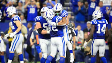 INDIANAPOLIS, INDIANA - NOVEMBER 17: Braden Smith #72 and Nyheim Hines #21 of the Indianapolis Colts celebrate after Hines ran for a touchdown during the game against the Jacksonville Jaguars at Lucas Oil Stadium on November 17, 2019 in Indianapolis, Indiana. (Photo by Andy Lyons/Getty Images)