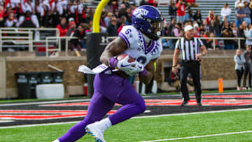 LUBBOCK, TEXAS - NOVEMBER 16: Running back Darius Anderson #6 of the TCU Horned Frogs returns a punt during the first half of the college football game against the TCU Horned Frogs on November 16, 2019 at Jones AT&T Stadium in Lubbock, Texas. (Photo by John E. Moore III/Getty Images)