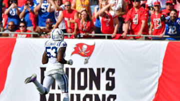 TAMPA, FLORIDA - DECEMBER 08: Darius Leonard #53 of the Indianapolis Colts scores after picking off Jameis Winston #3 of the Tampa Bay Buccaneers during the second quarter of a football game at Raymond James Stadium on December 08, 2019 in Tampa, Florida. (Photo by Julio Aguilar/Getty Images)