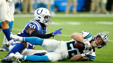 INDIANAPOLIS, INDIANA - DECEMBER 22: Christian McCaffrey #22 of the Carolina Panthers is tackled by Anthony Walker #50 of the Indianapolis Colts during the third quarter at Lucas Oil Stadium on December 22, 2019 in Indianapolis, Indiana. (Photo by Justin Casterline/Getty Images)