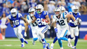 INDIANAPOLIS, INDIANA - DECEMBER 22: Nyheim Hines #21 of the Indianapolis Colts returns a punt against the Carolina Panthers at Lucas Oil Stadium on December 22, 2019 in Indianapolis, Indiana. (Photo by Andy Lyons/Getty Images)