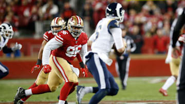 SANTA CLARA, CA - DECEMBER 21: Sheldon Day #96 of the San Francisco 49ers rushes the quarterback during the game against the Los Angeles Rams at Levi's Stadium on December 21, 2019 in Santa Clara, California. The 49ers defeated the Rams 34-31. (Photo by Michael Zagaris/San Francisco 49ers/Getty Images)